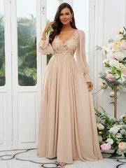 A-Line/Princess Chiffon Lace V-neck Long Sleeves Sweep/Brush Train Bridesmaid Dresses - RongMoon