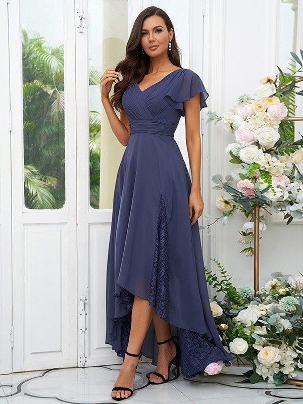 A-Line/Princess Chiffon Lace V-neck Short Sleeves Asymmetrical Bridesmaid Dresses - RongMoon