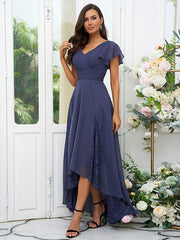 A-Line/Princess Chiffon Lace V-neck Short Sleeves Asymmetrical Bridesmaid Dresses - RongMoon