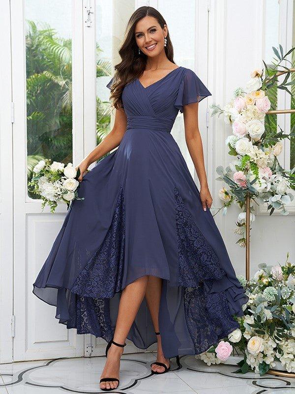 A-Line/Princess Chiffon Lace V-neck Short Sleeves Asymmetrical Bridesmaid Dresses - RongMoon
