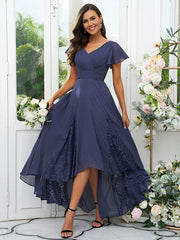 A-Line/Princess Chiffon Lace V-neck Short Sleeves Asymmetrical Bridesmaid Dresses - RongMoon