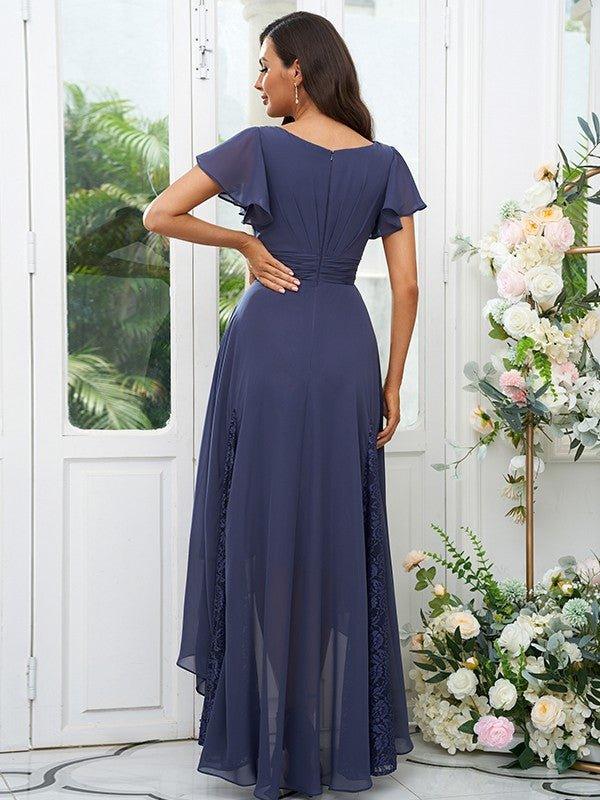 A-Line/Princess Chiffon Lace V-neck Short Sleeves Asymmetrical Bridesmaid Dresses - RongMoon