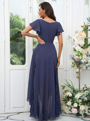A-Line/Princess Chiffon Lace V-neck Short Sleeves Asymmetrical Bridesmaid Dresses - RongMoon
