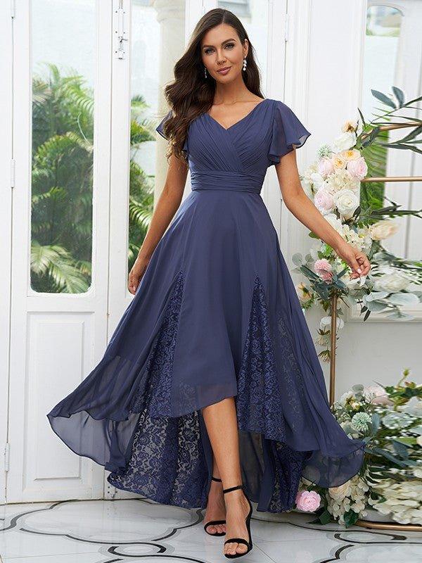 A-Line/Princess Chiffon Lace V-neck Short Sleeves Asymmetrical Bridesmaid Dresses - RongMoon