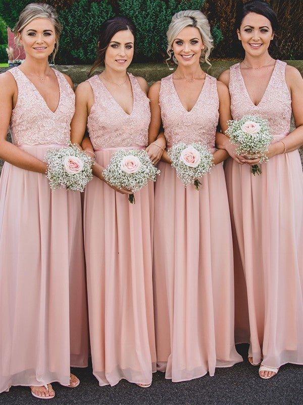 A-Line/Princess Chiffon Lace V-neck Sleeveless Floor-Length Bridesmaid Dresses - RongMoon