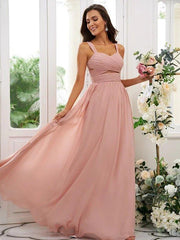 A-Line/Princess Chiffon Ruched Straps Sleeveless Floor-Length Bridesmaid Dresses - RongMoon