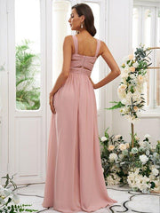 A-Line/Princess Chiffon Ruched Straps Sleeveless Floor-Length Bridesmaid Dresses - RongMoon