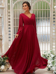 A-Line/Princess Chiffon Ruched V-neck Long Sleeves Floor-Length Bridesmaid Dresses - RongMoon