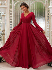 A-Line/Princess Chiffon Ruched V-neck Long Sleeves Floor-Length Bridesmaid Dresses - RongMoon