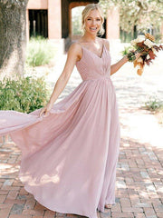 A-Line/Princess Chiffon Ruched V-neck Sleeveless Floor-Length Bridesmaid Dresses - RongMoon