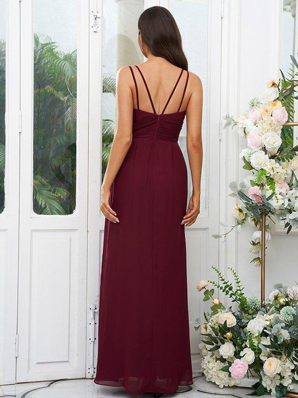 A-Line/Princess Chiffon Ruched V-neck Sleeveless Floor-Length Bridesmaid Dresses - RongMoon