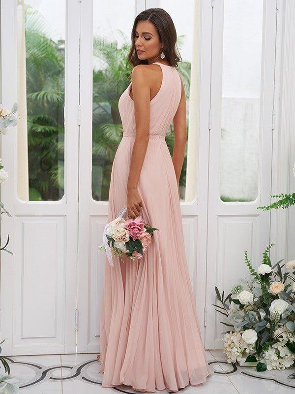 A-Line/Princess Chiffon Ruffles Halter Sleeveless Floor-Length Bridesmaid Dresses - RongMoon