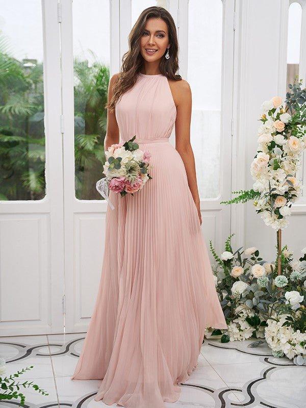 A-Line/Princess Chiffon Ruffles Halter Sleeveless Floor-Length Bridesmaid Dresses - RongMoon