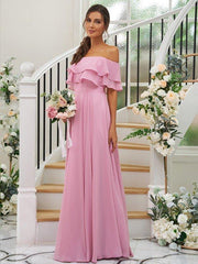 A-Line/Princess Chiffon Ruffles Off-the-Shoulder Sleeveless Floor-Length Bridesmaid Dresses - RongMoon