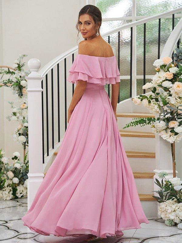 A-Line/Princess Chiffon Ruffles Off-the-Shoulder Sleeveless Floor-Length Bridesmaid Dresses - RongMoon