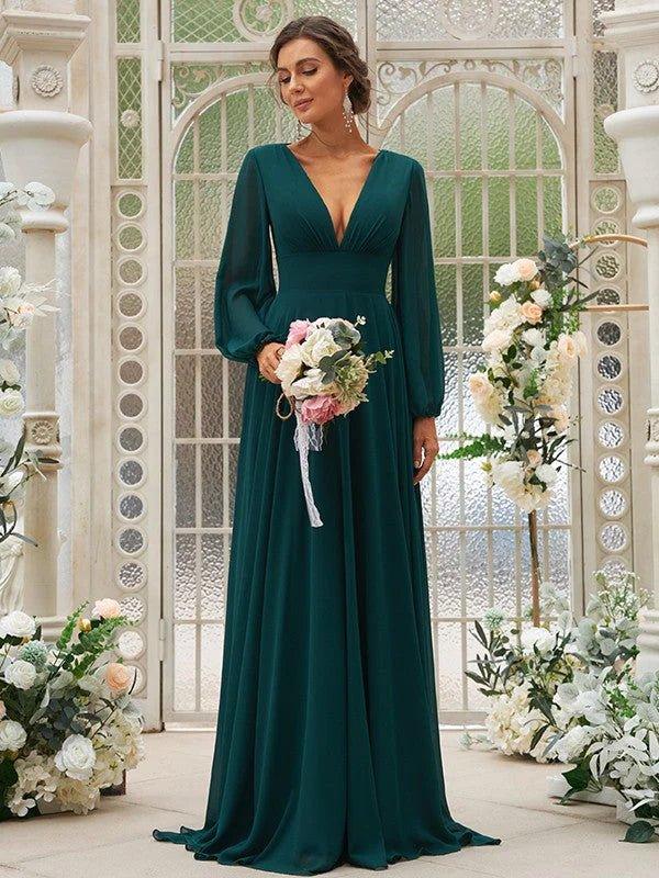 A-Line/Princess Chiffon Ruffles V-neck Long Sleeves Sweep/Brush Train Bridesmaid Dresses - RongMoon