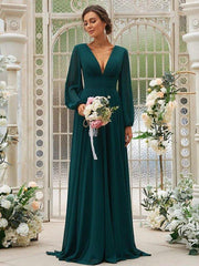 A-Line/Princess Chiffon Ruffles V-neck Long Sleeves Sweep/Brush Train Bridesmaid Dresses - RongMoon