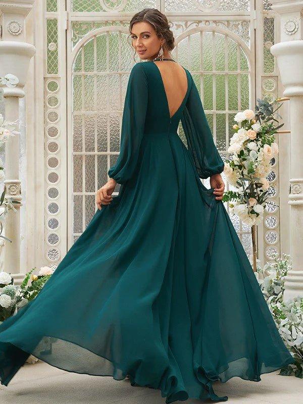 A-Line/Princess Chiffon Ruffles V-neck Long Sleeves Sweep/Brush Train Bridesmaid Dresses - RongMoon