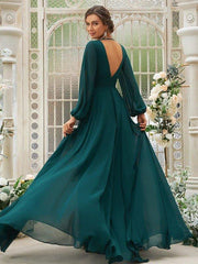 A-Line/Princess Chiffon Ruffles V-neck Long Sleeves Sweep/Brush Train Bridesmaid Dresses - RongMoon