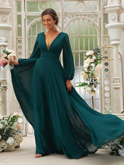 A-Line/Princess Chiffon Ruffles V-neck Long Sleeves Sweep/Brush Train Bridesmaid Dresses - RongMoon