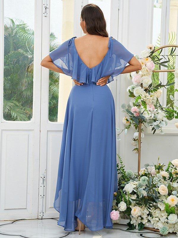 A-Line/Princess Chiffon Ruffles V-neck Short Sleeves Asymmetrical Bridesmaid Dresses - RongMoon