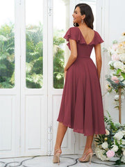 A-Line/Princess Chiffon Ruffles V-neck Short Sleeves Asymmetrical Bridesmaid Dresses - RongMoon
