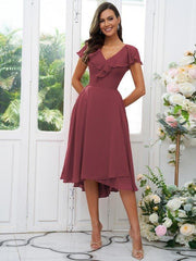 A-Line/Princess Chiffon Ruffles V-neck Short Sleeves Asymmetrical Bridesmaid Dresses - RongMoon