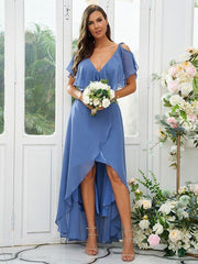 A-Line/Princess Chiffon Ruffles V-neck Short Sleeves Asymmetrical Bridesmaid Dresses - RongMoon