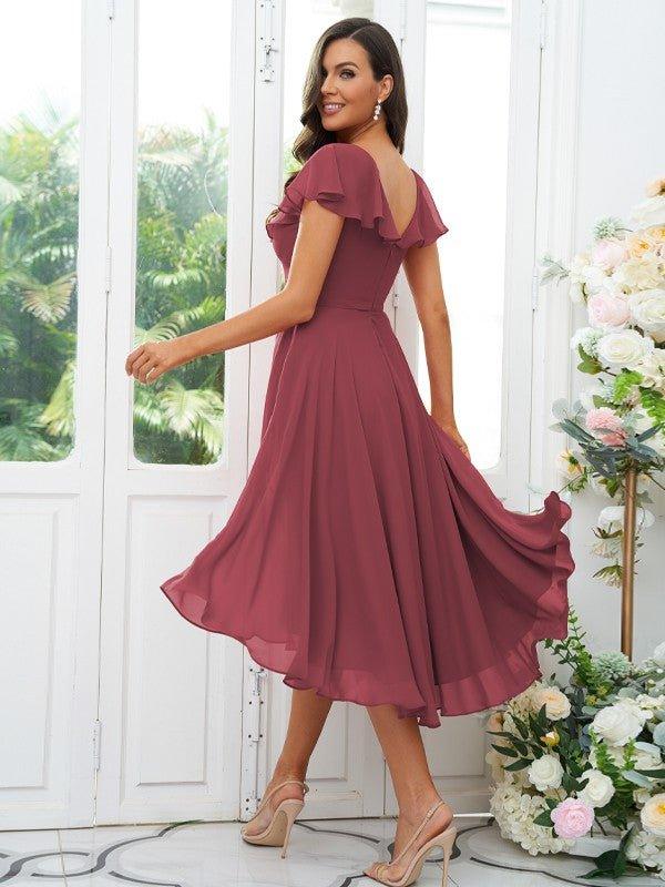 A-Line/Princess Chiffon Ruffles V-neck Short Sleeves Asymmetrical Bridesmaid Dresses - RongMoon