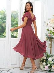 A-Line/Princess Chiffon Ruffles V-neck Short Sleeves Asymmetrical Bridesmaid Dresses - RongMoon