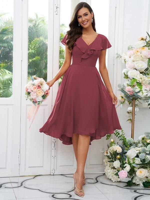 A-Line/Princess Chiffon Ruffles V-neck Short Sleeves Asymmetrical Bridesmaid Dresses - RongMoon