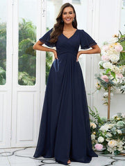 A-Line/Princess Chiffon Ruffles V-neck Short Sleeves Floor-Length Bridesmaid Dresses - RongMoon
