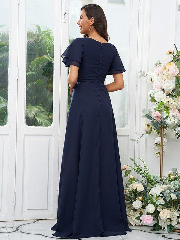A-Line/Princess Chiffon Ruffles V-neck Short Sleeves Floor-Length Bridesmaid Dresses - RongMoon