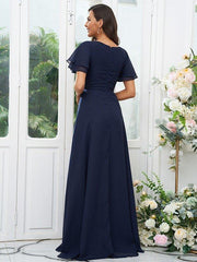 A-Line/Princess Chiffon Ruffles V-neck Short Sleeves Floor-Length Bridesmaid Dresses - RongMoon