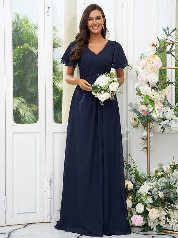 A-Line/Princess Chiffon Ruffles V-neck Short Sleeves Floor-Length Bridesmaid Dresses - RongMoon