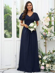 A-Line/Princess Chiffon Ruffles V-neck Short Sleeves Floor-Length Bridesmaid Dresses - RongMoon