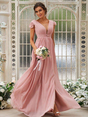 A-Line/Princess Chiffon Ruffles V-neck Sleeveless Sweep/Brush Train Bridesmaid Dresses - RongMoon
