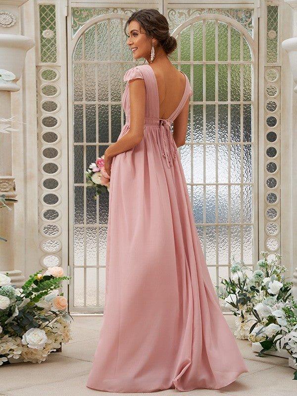 A-Line/Princess Chiffon Ruffles V-neck Sleeveless Sweep/Brush Train Bridesmaid Dresses - RongMoon