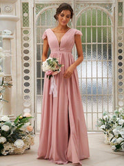 A-Line/Princess Chiffon Ruffles V-neck Sleeveless Sweep/Brush Train Bridesmaid Dresses - RongMoon