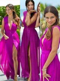 A-Line/Princess Floor-Length 30D Chiffon Sleeveless V-neck Bridesmaid Dresses - RongMoon