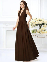A-Line/Princess Halter Pleats Sleeveless Long Chiffon Bridesmaid Dresses - RongMoon