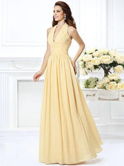 A-Line/Princess Halter Pleats Sleeveless Long Chiffon Bridesmaid Dresses - RongMoon