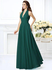 A-Line/Princess Halter Pleats Sleeveless Long Chiffon Bridesmaid Dresses - RongMoon