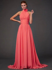 A-Line/Princess Halter Sleeveless Hand-Made Flower Long Chiffon Bridesmaid Dresses - RongMoon