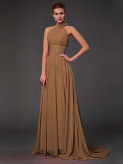 A-Line/Princess Halter Sleeveless Hand-Made Flower Long Chiffon Bridesmaid Dresses - RongMoon