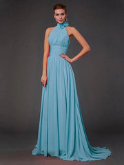 A-Line/Princess Halter Sleeveless Hand-Made Flower Long Chiffon Bridesmaid Dresses - RongMoon