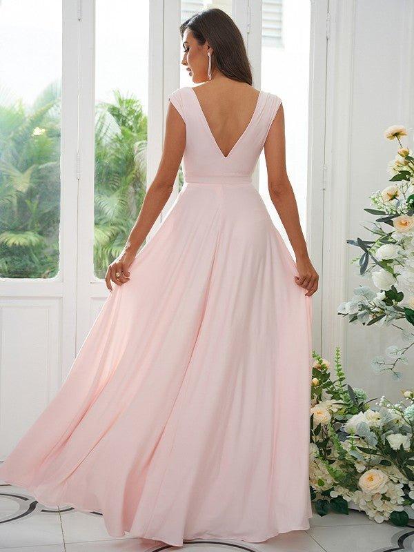 A-Line/Princess Jersey Ruffles V-neck Sleeveless Floor-Length Bridesmaid Dresses - RongMoon
