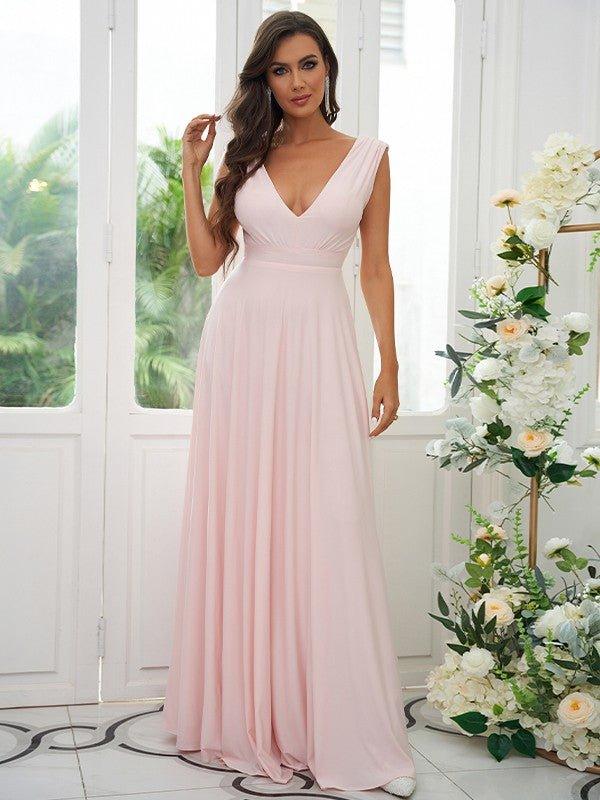 A-Line/Princess Jersey Ruffles V-neck Sleeveless Floor-Length Bridesmaid Dresses - RongMoon