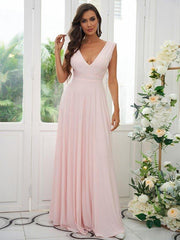 A-Line/Princess Jersey Ruffles V-neck Sleeveless Floor-Length Bridesmaid Dresses - RongMoon