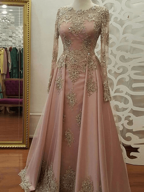 A-Line/Princess Long Sleeves Scoop Floor-Length Applique Tulle Muslim Dresses - RongMoon